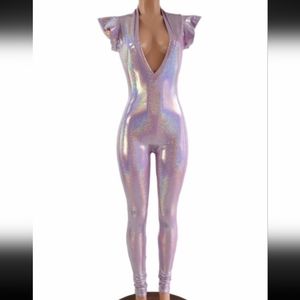 Lilac Purple holographic flip sleeve deep plunge spandex rave catsuit